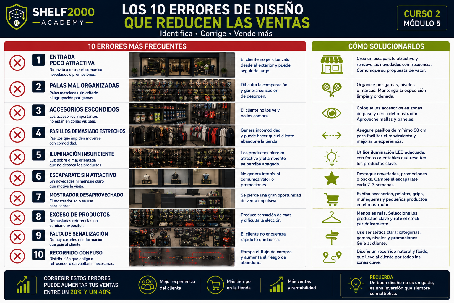 Identifique los errores más habituales en el diseño de una tienda de pádel y aplique soluciones prácticas para mejorar la rentabilidad.